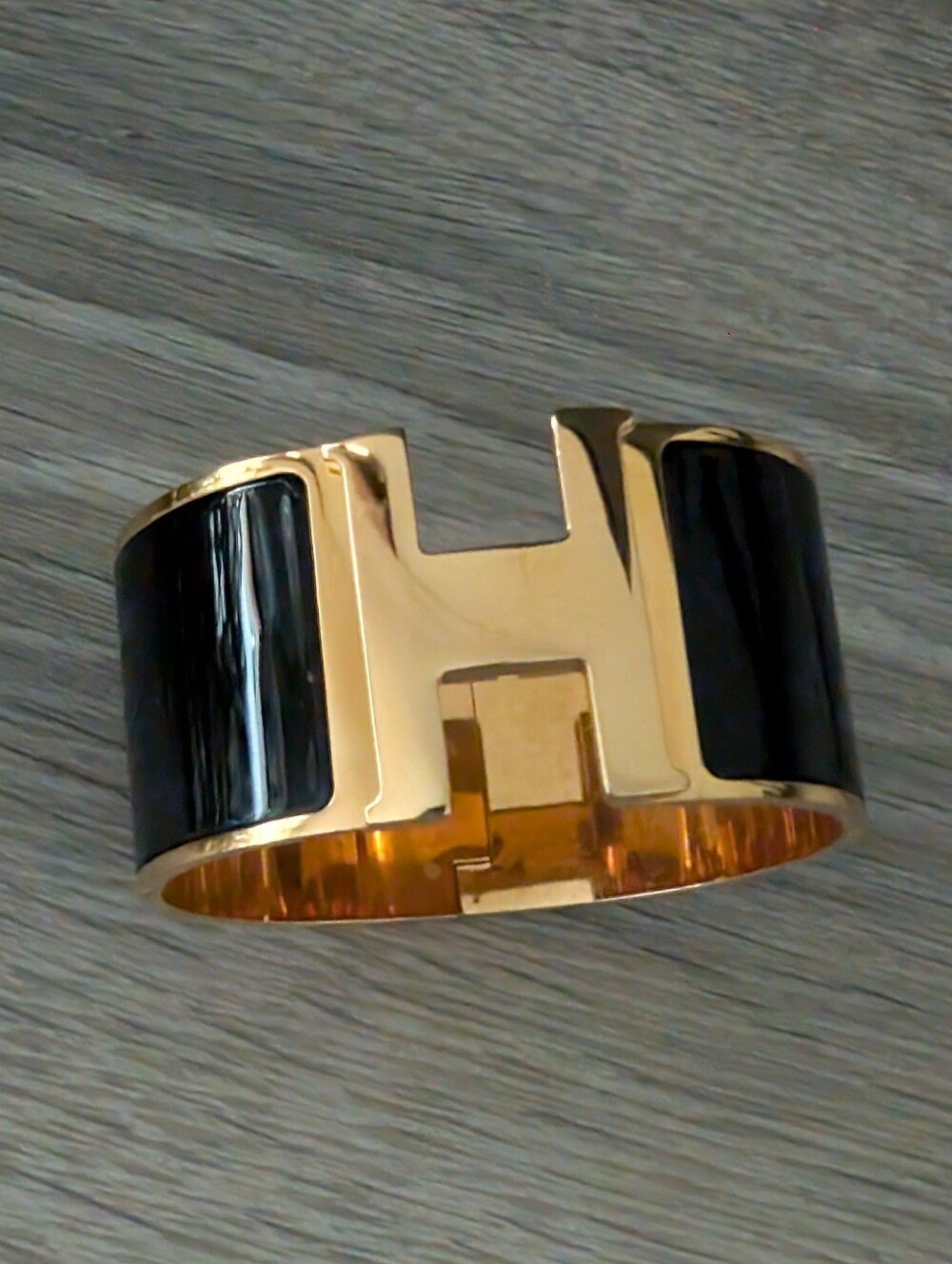 Gold "H" Cuff Bracelet with Black Enamel Inlay
